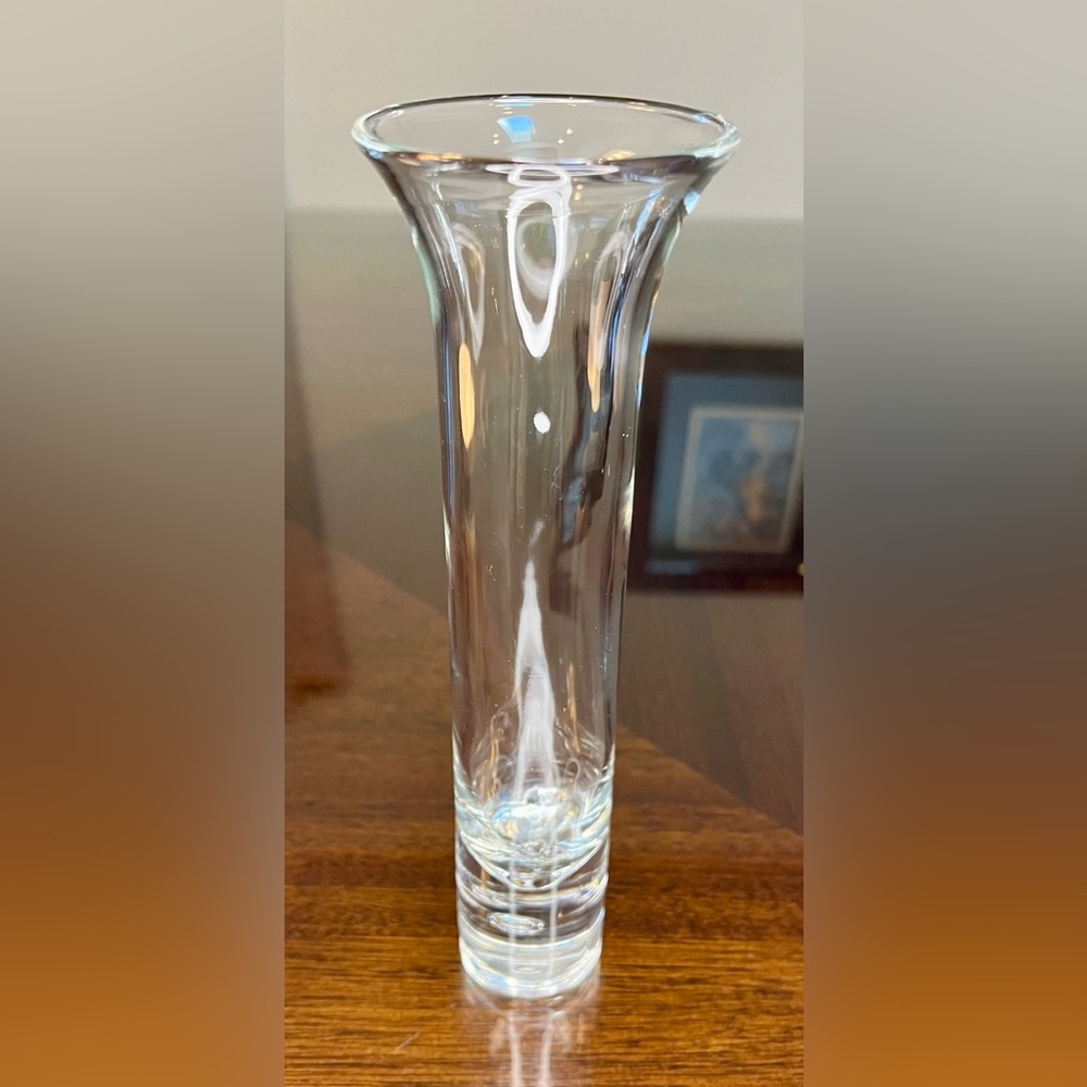 Clear Art Glass Vase Flared Tube With Base Droplet Bubble 8” Excellent Modern
